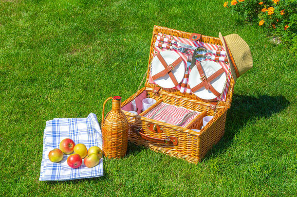 公园阳光明媚的草坪上的野餐篮