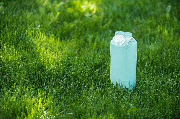 关闭<strong>绿色草坪</strong>上的空白蓝牛奶包装视图