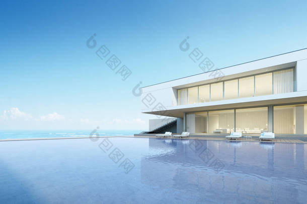 现代豪宅的建筑设计，别墅有木质露台和游泳池的海景背景，外观概念。3d 渲染.