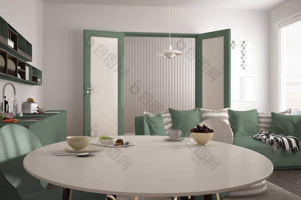 健康甜<strong>早餐</strong>在现代斯堪的纳维亚厨房客厅, 沙发和大窗口, 白色和绿色建筑室内设计
