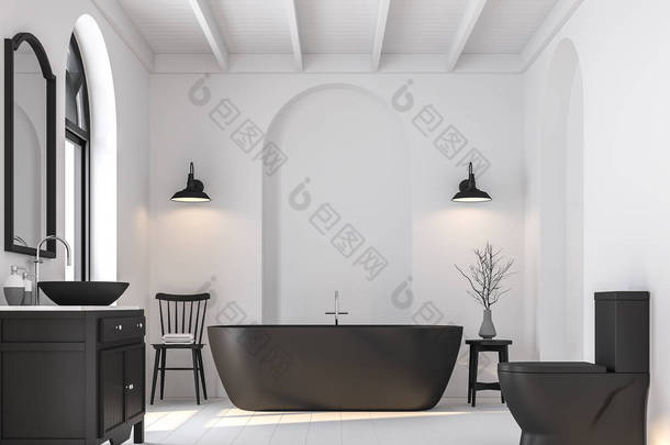 最小的浴室, 黑色和白色3d 渲染。有白色的木地板。配有黑色卫浴洁具和家具.