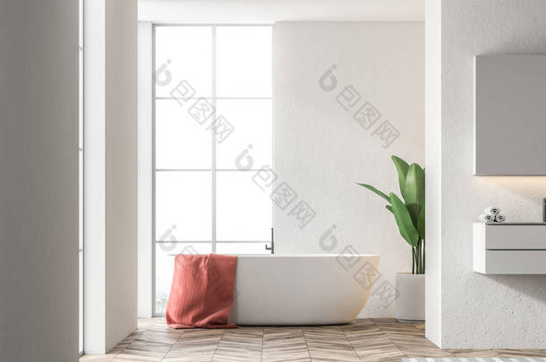 白色浴缸与红色毛巾挂在它站在一个现代化的浴室内饰与白色的墙壁。右边的水槽。3d 渲染模拟