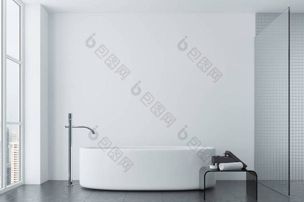 白色的<strong>浴室</strong>，<strong>瓷砖</strong>和圆盆浴，窗口