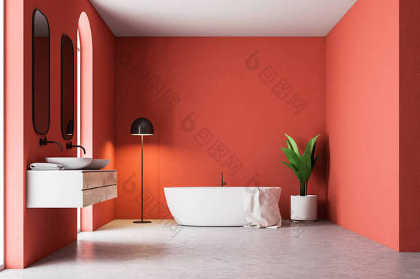 简约红色浴室内有一个白色的浴缸, 一条毛巾挂在它, 一个双水槽, 一棵盆栽树和一盏灯在角落里。3d 渲染模拟
