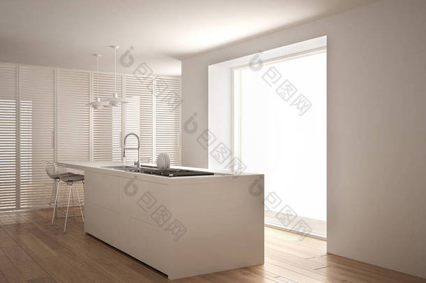 现代白色厨房与海岛和大窗口, 简约建筑室内设计