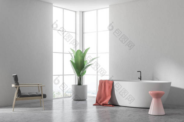 白色浴缸与红色毛巾挂在它站在一个现代化的浴室<strong>角落</strong>, 白色的墙壁和扶手椅。3d 渲染模拟