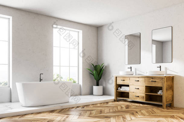 阁楼白色墙壁豪华浴室<strong>角落</strong>与木地板, 白色浴缸, 和双容器水槽。3d 渲染模拟