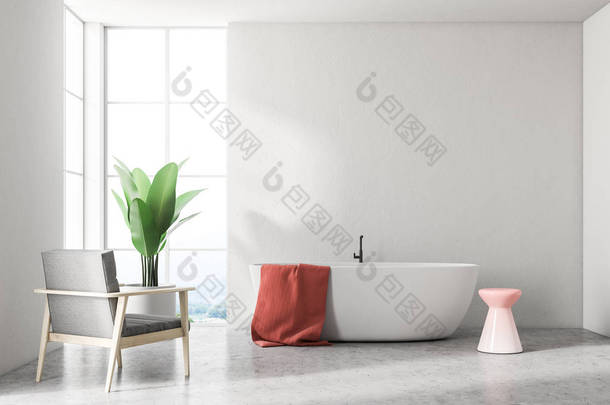白色浴缸与红色毛巾挂在它站在一个现代化的浴室内饰与白色的墙壁和扶手椅。3d 渲染模拟