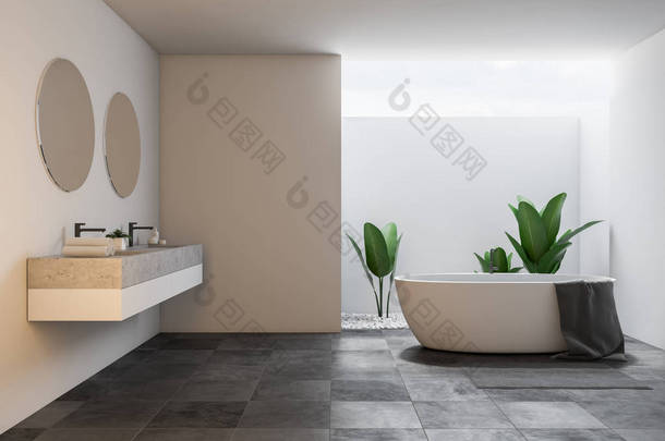 全景查看大浴室内饰, 白色<strong>墙壁</strong>, 瓷砖地板, 双水槽与两个圆形镜子和一个浴缸。3d 渲染模拟