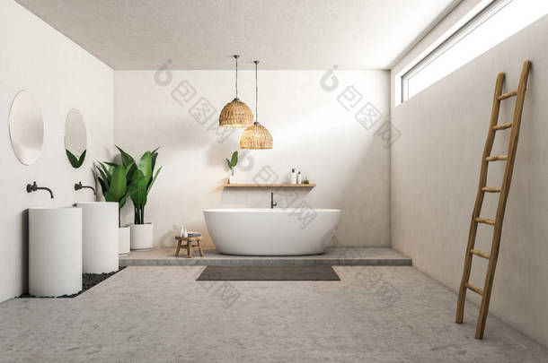 白色浴室内部有混凝土地板, 白色浴缸, 两个白色圆形水槽与圆镜以上, 并在墙边的梯子。3d 渲染