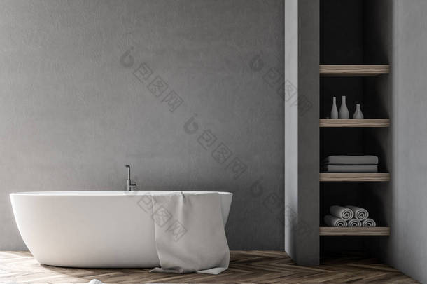 <strong>浴室</strong>内有木地板, 灰色墙壁, 白色浴缸和货架在<strong>角落里</strong>。3d 渲染模拟