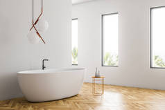 带白色墙壁、木地板、阁楼窗户和白色浴缸的现代浴室的角落, 靠在椅子上, 配有洗发水。3d 渲染