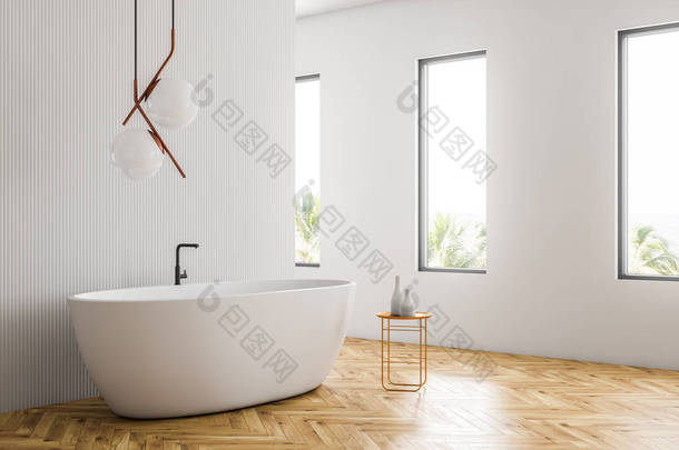 带白色墙壁、木地板、阁楼窗户和白色浴缸的现代浴室的角落, 靠在椅子上, 配有洗发水。3d 渲染