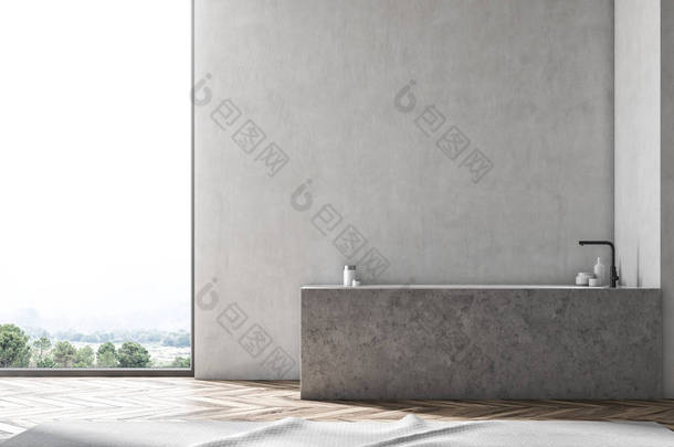浴室内有木地板, <strong>白色墙壁</strong>, 阁楼窗口, 大理石角浴缸。3d 渲染模拟