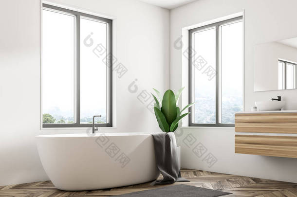 斯堪的纳维亚浴室的<strong>一角</strong>, 白色的墙壁, 木地板, 大窗户和一个白色的浴缸站在水槽旁边。3d 渲染模拟