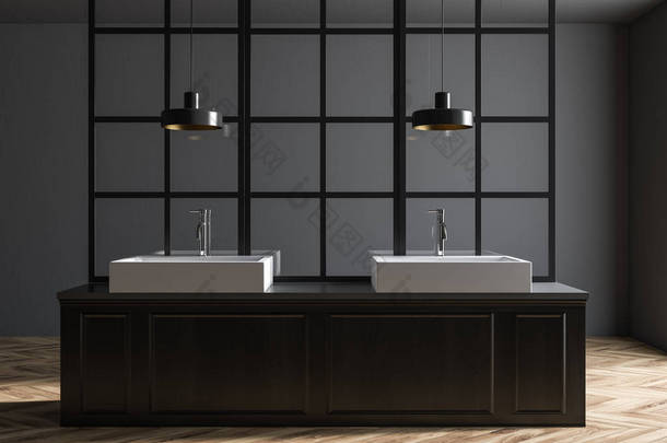 灰色墙壁浴室内饰与<strong>金属装饰</strong>的细节和一个双水槽站在一个黑暗的木台面上。3d 渲染模拟