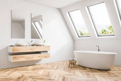 豪华阁楼浴室角落的简约风格的豪宅与木地板, 白色的墙壁, 一个双水槽和一个大浴缸。放松和自我照顾的概念。关门了3d 渲染模拟