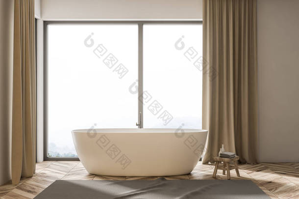 优雅的白色浴缸, 矗立在阁楼浴室的木地板上, 里面有米色的窗帘和灰色的地毯。3d 渲染