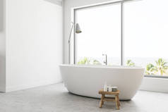 白色墙壁全景浴室内部与热带看法。一个优雅的白色浴缸站在窗口附近。它旁边有盏灯。侧面视图。3d 渲染模拟