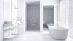 总白色极简主义斯堪的纳维亚浴室和卧室的 bac