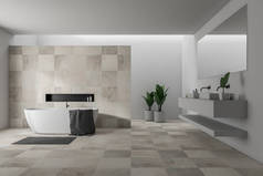 时尚的浴室内部有白色和米色的瓷砖墙, 白色浴缸, 上面挂着灰色毛巾和双水槽。3d 渲染