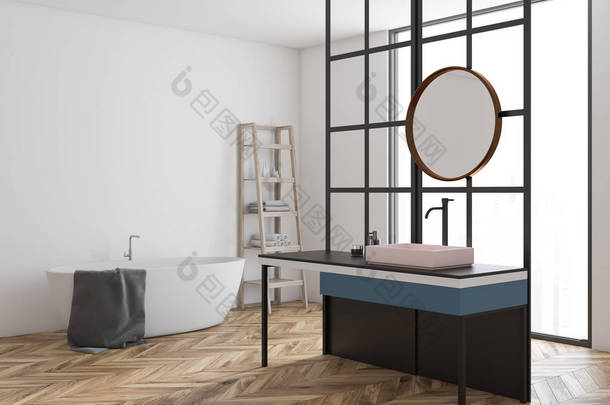 现代浴室的角落里有阁楼的窗户, 一层混凝土地板, 一个有圆形镜子的水槽和一个白色的浴缸。白色的墙壁。3d 渲染模拟