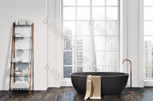 阁楼浴室内有木地板, 白色的墙壁, 和一个黑色的浴缸与货架旁边。透过窗户看到的美丽的城市景观。3d 渲染