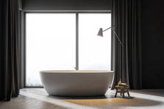 优雅的白色浴缸站在一个阁楼浴室内部的混凝土地板上, 灰色窗帘。3d 渲染
