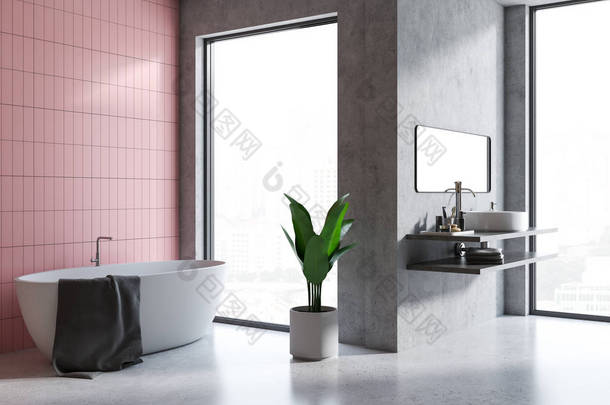 阁楼浴室内有<strong>混凝土</strong>和粉红色瓷砖墙壁和地板, 浴缸, 和水槽。阁楼视窗3d 渲染