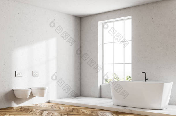 白色豪华浴室<strong>角落</strong>, 木地板, 白色浴缸和两个厕所。阁楼窗口。3d 渲染模拟