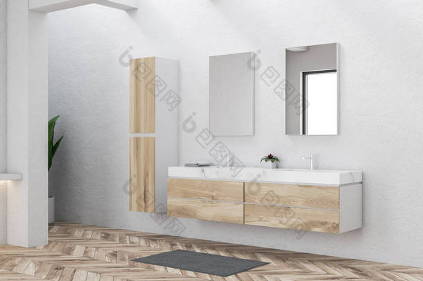 现代化浴室的角落, 有白色的墙壁、木地板和大理石双水槽, 矗立在木制台面上。两面垂直的镜子和狭窄的壁橱3d 渲染