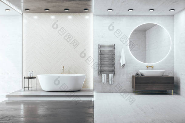 现代化的浴室室内有装饰物品。风格和卫生概念。3D渲染