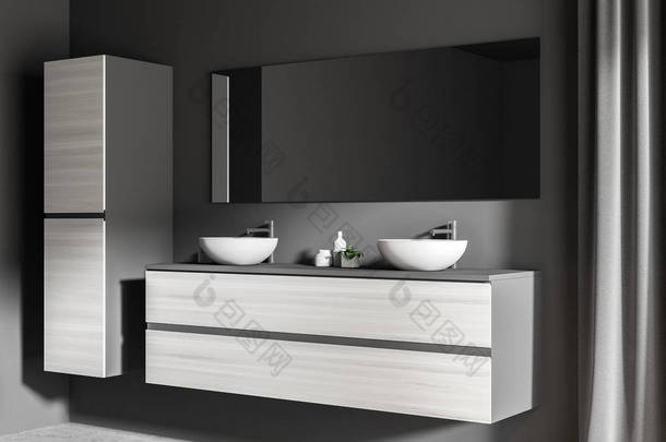 两个浴室水槽的侧面视图站在一个白色的木架子上, 在一个深灰色的墙壁浴室与混凝土地板。角落里有个壁橱。3d 渲染模拟