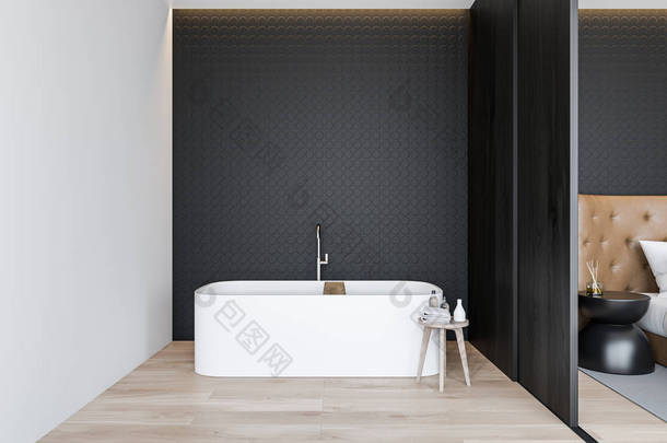 现代化浴室的内部有灰色的几何图案和白色的墙壁，木制地板，舒适的浴缸，黑暗的木制滑动<strong>门</strong>和主卧室旁边。3d渲染