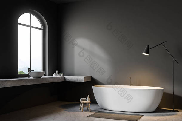 灰色墙壁浴室角落与混凝土<strong>地</strong>板, 拱形窗口, 白色浴缸, 和双水槽。落<strong>地</strong>灯。3d 渲染模拟