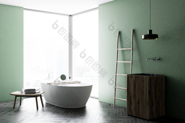 现代绿色<strong>墙</strong>壁浴室角落与木地板, 阁楼窗口, 梯子, 木水槽和浴缸。Spa, 酒店和豪华<strong>房地产</strong>。3d 渲染模拟