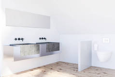 阁楼浴室的内部, 白色的墙壁, 木地板, 石头双水槽站在灰色的台面上, 上面有长长的水平镜子和一个厕所。3d 渲染