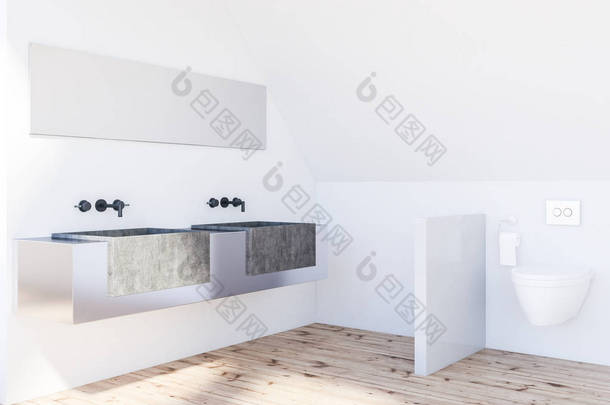 阁楼浴室的内部, 白色的墙壁, 木地板, 石头双水槽站在灰色的台面上, 上面有<strong>长长</strong>的水平镜子和一个厕所。3d 渲染
