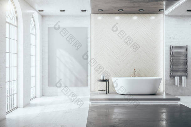 奢华的浴室室内有装饰物品和城市生活方式。风格和卫生概念。3D渲染