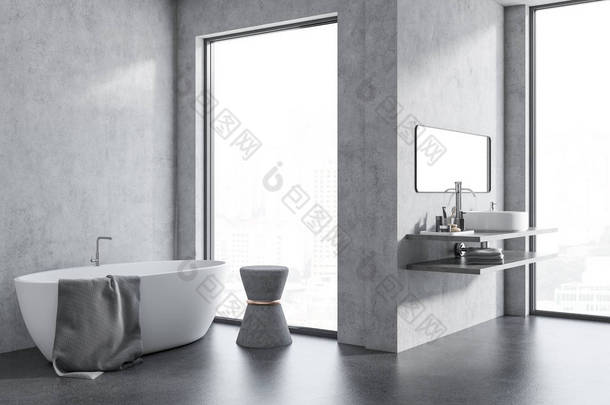阁楼浴室内有混凝土墙和地板, 浴缸和水槽。阁楼视窗3d 渲染