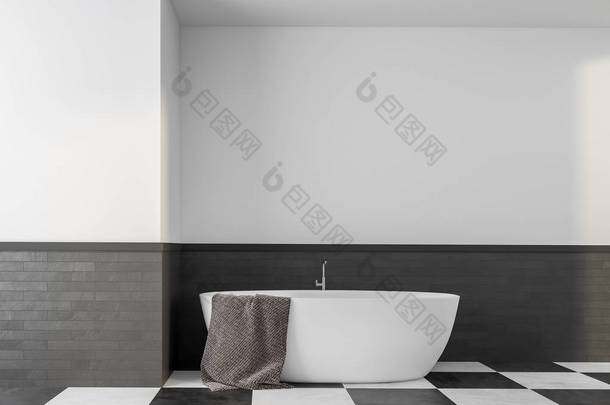 简约浴室的内部, 白色和灰色砖墙, 瓷砖地板和白色浴缸, 上面挂着灰色毛巾。3d 渲染