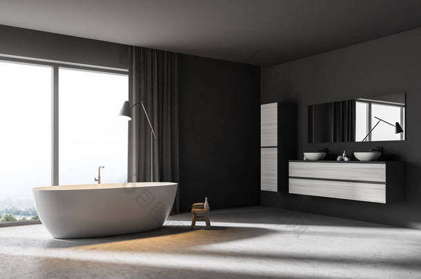 时尚的浴室角落与全景窗口, 灰色墙壁, 混凝土地板, 一个双水槽和一个白色浴缸。3d 渲染模拟