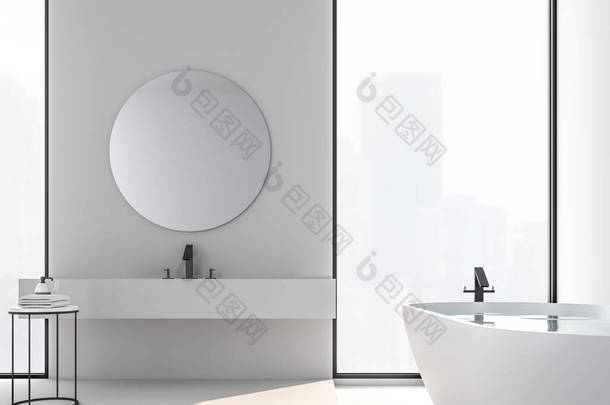 最小风格浴室与城市景观3d 渲染, 有白色的墙壁和地板, 房间有大<strong>窗户</strong>。<strong>阳光</strong>照射进房间.