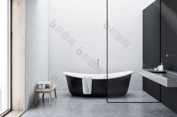 黑色浴缸里挂着一条毛巾, 站在一层简约灰色和<strong>白色</strong>墙上的浴室的水泥<strong>地板</strong>上。3d 渲染模拟