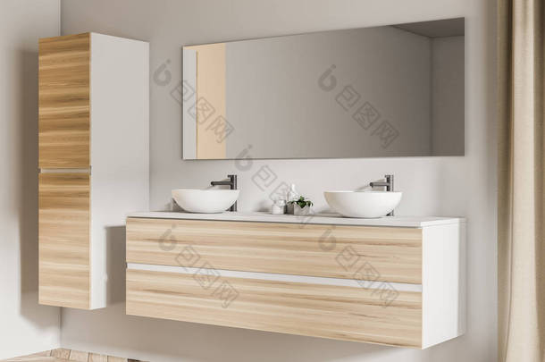 两个浴室水槽的侧面视图站在一个木制的货架上, 在一个木地板的白色墙壁浴室。角落里有个壁橱。3d 渲染模拟