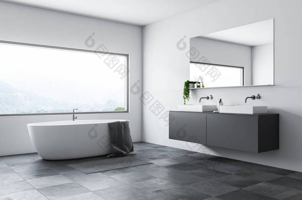 浴室的<strong>角落</strong>, 有白色的墙壁, 瓷砖地板, 白色的浴缸站在大窗户下, 双水槽在灰色的台面上。3d 渲染