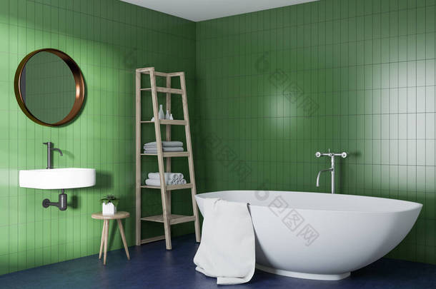 一个绿色的浴室的角落里有一个白色的浴缸, 一个水槽与圆形镜子。3d 渲染模拟