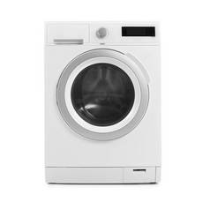 白色背景的现代洗衣机。洗衣日