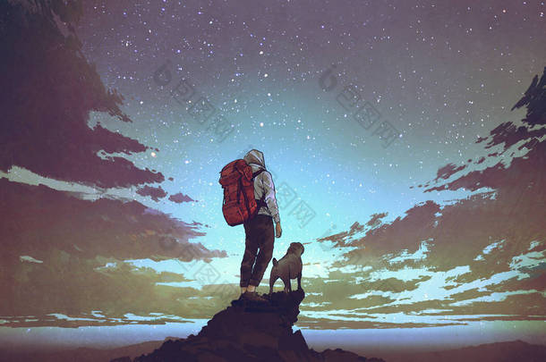 年轻的徒步旅行者背包和狗站在岩石<strong>上</strong>, 看着夜空中的星星, 数字艺术风格, 插图画