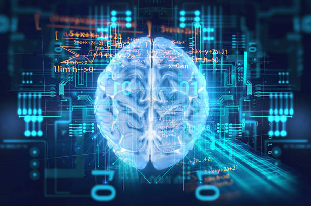 技术背景下人脑的3D渲染代表人工智能和网络空间的简洁
